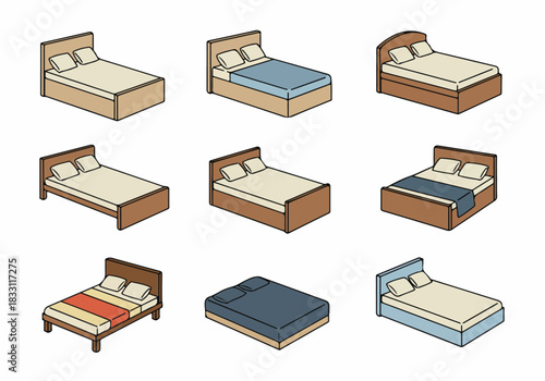 Isometric Bed Icons Set: Collection of Nine Cartoon Illustrations Featuring Various Bedroom Furniture Styles and Linens on a White Background