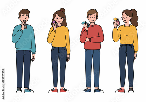 Vector illustration depicting individuals applying and reacting to perfume, showing scent appreciation, skin irritation, and fragrance sensitivity.