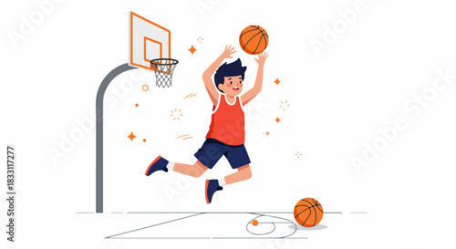 Energetic young basketball player jumps high to score a basket. Vector illustration of a happy athlete in action.