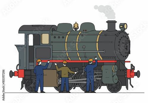 Railway engineers performing maintenance and repair work on a vintage steam locomotive, isolated line art illustration.