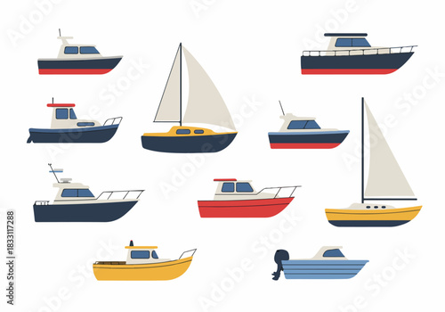 Set of various colorful marine boats, yachts, and sailboats. Flat vector transport illustration isolated on white.