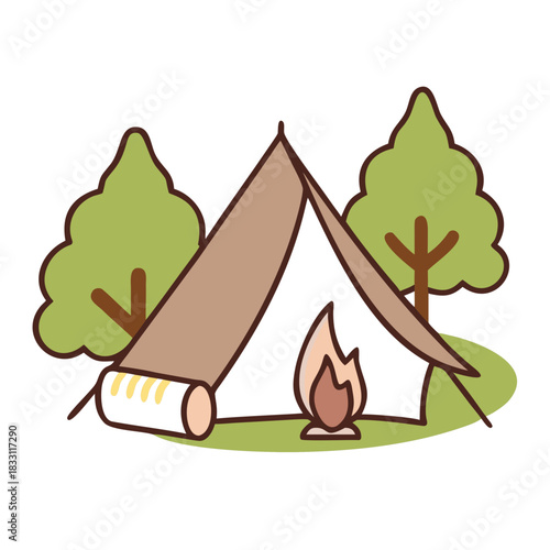 A Camping Scene Featuring a Tent and Campfire Outdoors