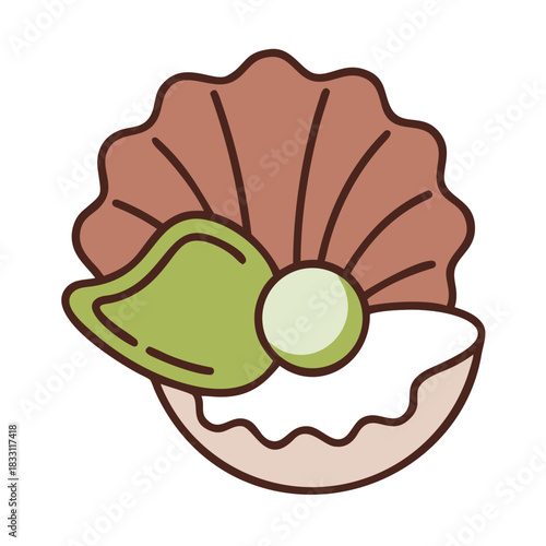 A pearl inside a seashell with green leaf decoration