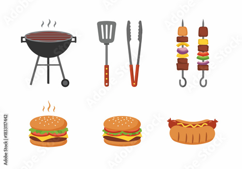 Vector set of barbecue grill, BBQ tools, meat skewers, cheeseburgers, and hot dogs for outdoor cooking concepts.