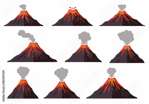 Vector volcano icons set showing different stages of eruption, featuring smoke and flowing lava on a white background.