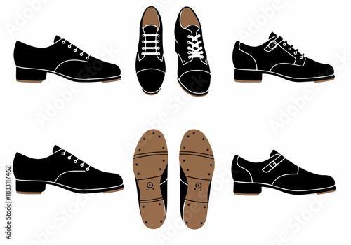 Black Irish Step Dance Hard Shoes Vector Set. Classic heavy jig shoes in various views, including lace-up and buckle styles, isolated on white.