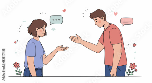 Couple facing communication issues and relationship problems, illustrated with sad expressions and empty chat bubbles.