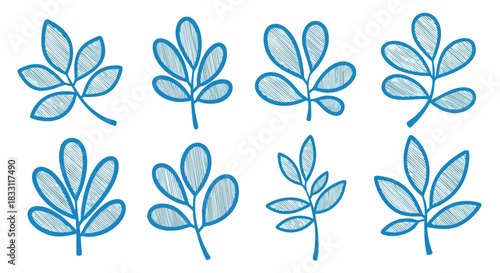 Collection of stylized blue leaf illustrations with hand-drawn texture on a clean white background showcasing botanical elements for design projects