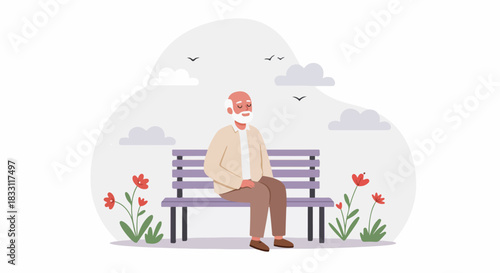 Peaceful elderly man relaxing on a park bench surrounded by nature, clouds, and blooming red flowers.