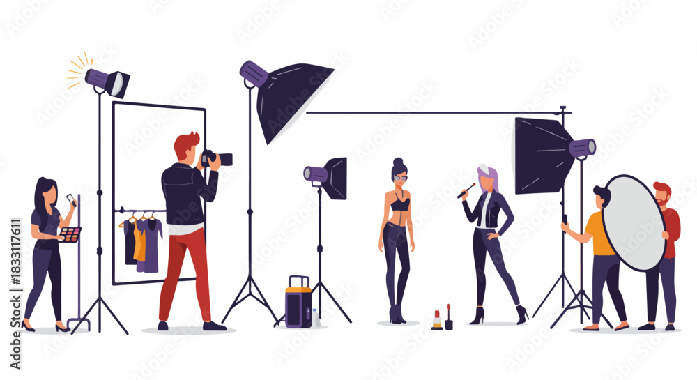 Obraz premium Professional team conducting a fashion photography session with model, photographer, and crew in a studio setting, surrounded by lighting equipment.