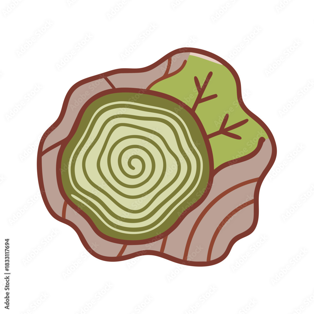 Obraz premium Illustration of a tree cross section with leaves and patterns