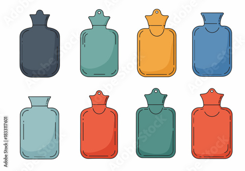 Set of eight colorful hot water bottles isolated on white, featuring flat design illustrations for warmth, therapy, and medical applications.
