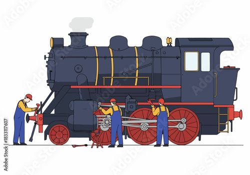 Maintenance Crew Repairing a Vintage Steam Locomotive Engine, Detailed Vector Illustration.