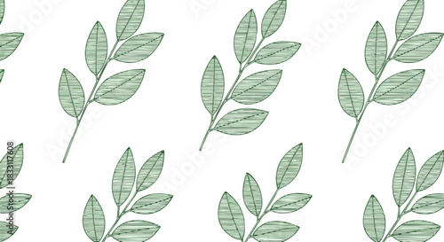 Seamless pattern of hand-drawn green leaves with hatching texture on a white background for botanical graphic design purposes