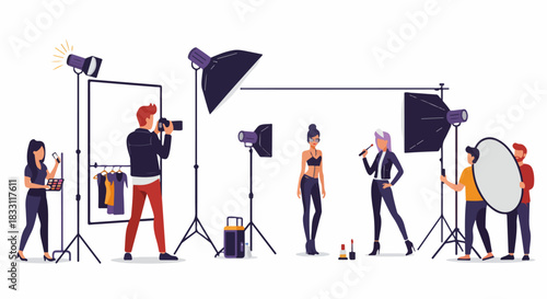 Professional team conducting a fashion photography session with model, photographer, and crew in a studio setting, surrounded by lighting equipment.