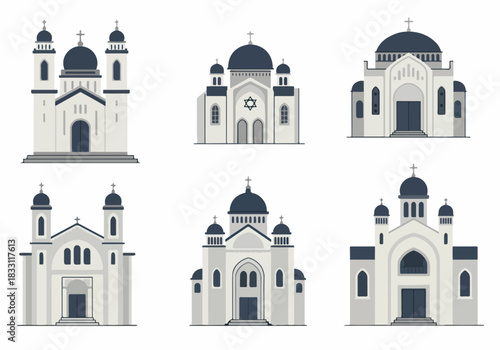 Flat Vector Icons Set of Traditional Religious Architecture Buildings, Featuring Churches, Cathedrals, and Chapels, Isolated on White.