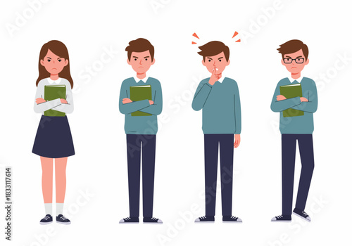 Angry and Annoyed Students Set: Young People Standing with Frustrated Expressions, Isolated Vector Illustration Featuring Educational Context and Shushing Gesture.