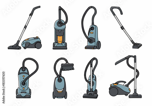 Hand-Drawn Doodle Set of Eight Different Types of Vacuum Cleaners, Including Upright and Canister Models, for Home Cleaning Appliance Design.
