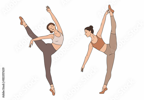 Vector illustration of two ballerinas performing flexible leg extensions and graceful dance poses in neutral sportswear, isolated on white background.