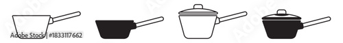 Saucepan icon set in linear and solid styles. Includes saucepan and pan with lid symbols. Simple cookware icons for kitchen, cooking and food preparation themes. Editable stroke.