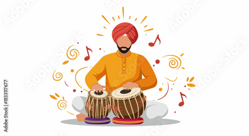 Traditional Indian Musician Playing Tabla Drums Isolated Vector Illustration with Turban and Musical Notes