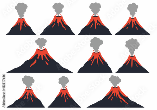 Erupting volcano icons set. Collection of flat graphic vector symbols showing mountain, lava, and smoke on a white background.