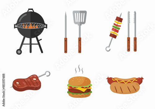 Flat Vector BBQ Icons Set: Grill, Tools, Skewers, Steak, Hamburger, and Hot Dog for Summer Grilling and Picnic Concepts.