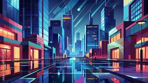 Rain-soaked pavement mirroring bright city lights beneath towering buildings at night. Dramatic urban ambiance with glossy reflections ideal for cinematic scenes, travel visuals