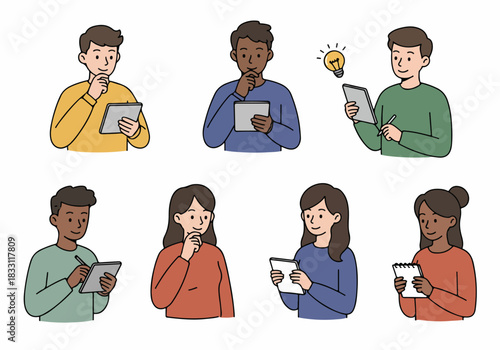 Set of diverse people thinking, creating, and generating new ideas using technology and stationery.