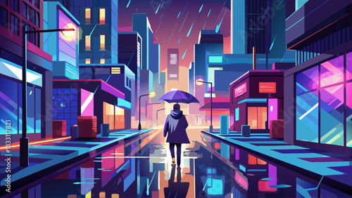 A single person strolling through a rain-soaked urban street holding an umbrella, surrounded by glowing city lights. Reflective pavement and atmospheric nighttime mood ideal for dramatic city imagery