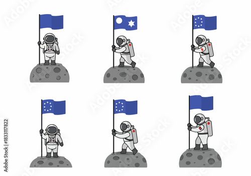 Set of cute cartoon astronaut illustrations planting flags on lunar surface mounds, depicting space exploration and success.