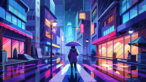 A single person strolling through a rain-soaked urban street holding an umbrella, surrounded by glowing city lights. Reflective pavement and atmospheric nighttime mood ideal for dramatic city imagery