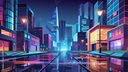 Wet city pavement reflecting colorful nighttime lights, with tall buildings glowing in the background. Moody urban atmosphere, cinematic reflections, and dramatic contrast perfect for cityscape