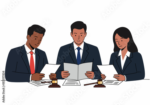 Professional legal team reviewing case files and contract agreements in a business meeting with a judge's gavel.