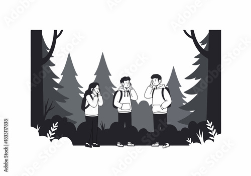 Three friends with backpacks standing in a monochrome forest listening to audio via headphones or smartphones, vector illustration.