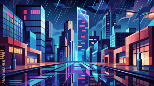 Rain-soaked pavement mirroring bright city lights beneath towering buildings at night. Dramatic urban ambiance with glossy reflections ideal for cinematic scenes, travel visuals