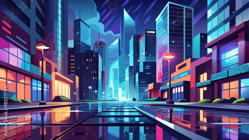 Wet city pavement reflecting colorful nighttime lights, with tall buildings glowing in the background. Moody urban atmosphere, cinematic reflections, and dramatic contrast perfect for cityscape