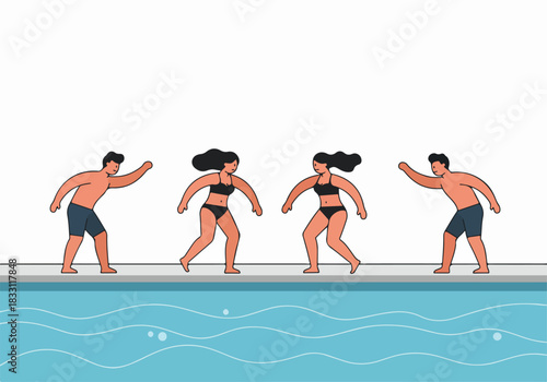 Flat design illustration of diverse young adults in swimwear standing at the edge of a pool, ready for summer fun and activities.