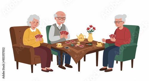 Three elderly friends playing cards, enjoying leisure time and socializing over tea. Retirement activity vector illustration.