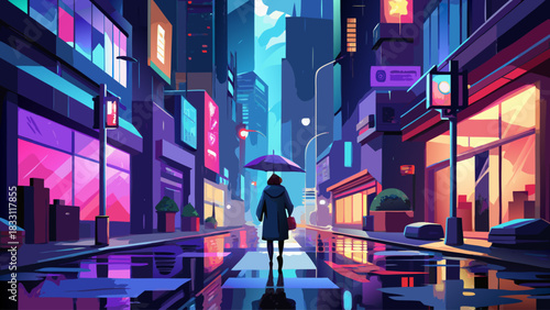 A lone figure walking down a wet city street under an umbrella, illuminated by reflections of colorful lights. Moody nighttime atmosphere perfect for cinematic urban photography and storytelling