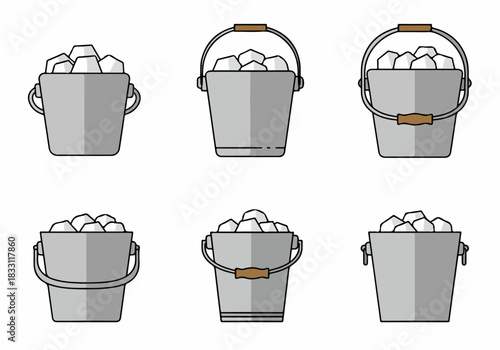 Set of six vector icons featuring metal ice buckets and coolers filled with frozen cubes, stylized in a flat design outline.