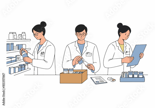 Pharmacist team workflow illustration showing professionals stocking inventory, counting medication, and reviewing prescriptions in a retail pharmacy setting.