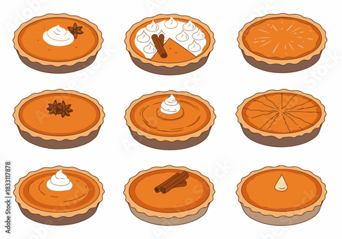 Assortment of nine vector pumpkin pie illustrations featuring various seasonal toppings like whipped cream, cinnamon, and star anise, isolated on white.