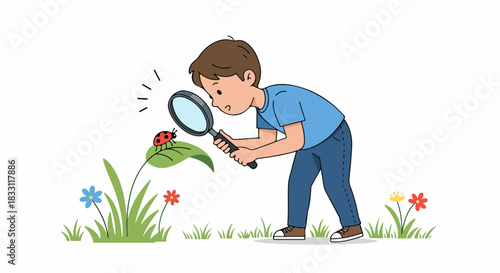 Cute cartoon illustration of a curious boy exploring nature and observing a ladybug with a magnifying glass.