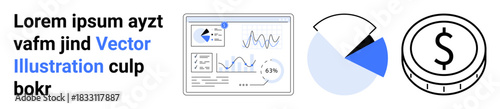 Business strategy, finance management, data analysis, financial growth, performance tracking, investment concept. Analysis dashboard, pie chart coin graphic. Finance management data analysis