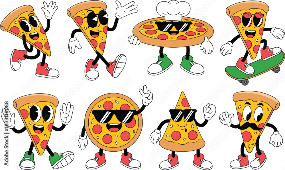 Fototapeta premium Cute cartoon pizza mascot characters set with funny expressions, sunglasses, chef hat, skateboard, playful poses, colorful food illustration collection.