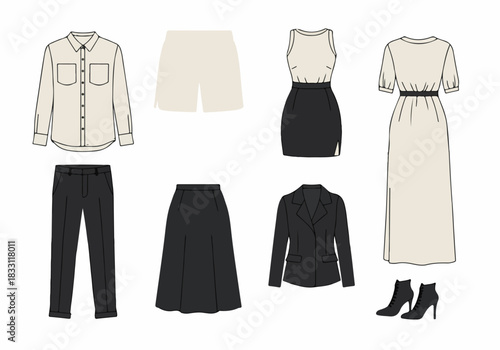 Minimalist Capsule Wardrobe Collection: Flat illustration of beige and black business casual clothing staples including shirts, pants, skirts, blazers, and dresses.