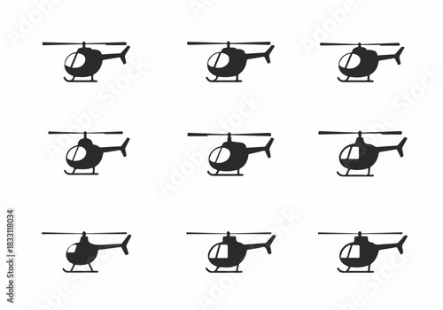 Black Silhouette Helicopter Icons Pattern. Repetitive graphic design background featuring simple transportation symbols on a white canvas.