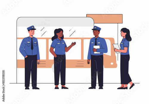 A diverse team of security or transit officers stands outside a large vehicle, discussing job duties and inspection protocols.