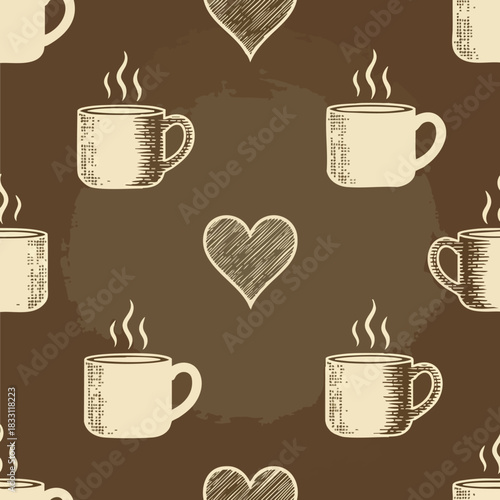 Steaming coffee cups and sketched hearts on a textured brown background creating a cozy and romantic repeating pattern for various applications